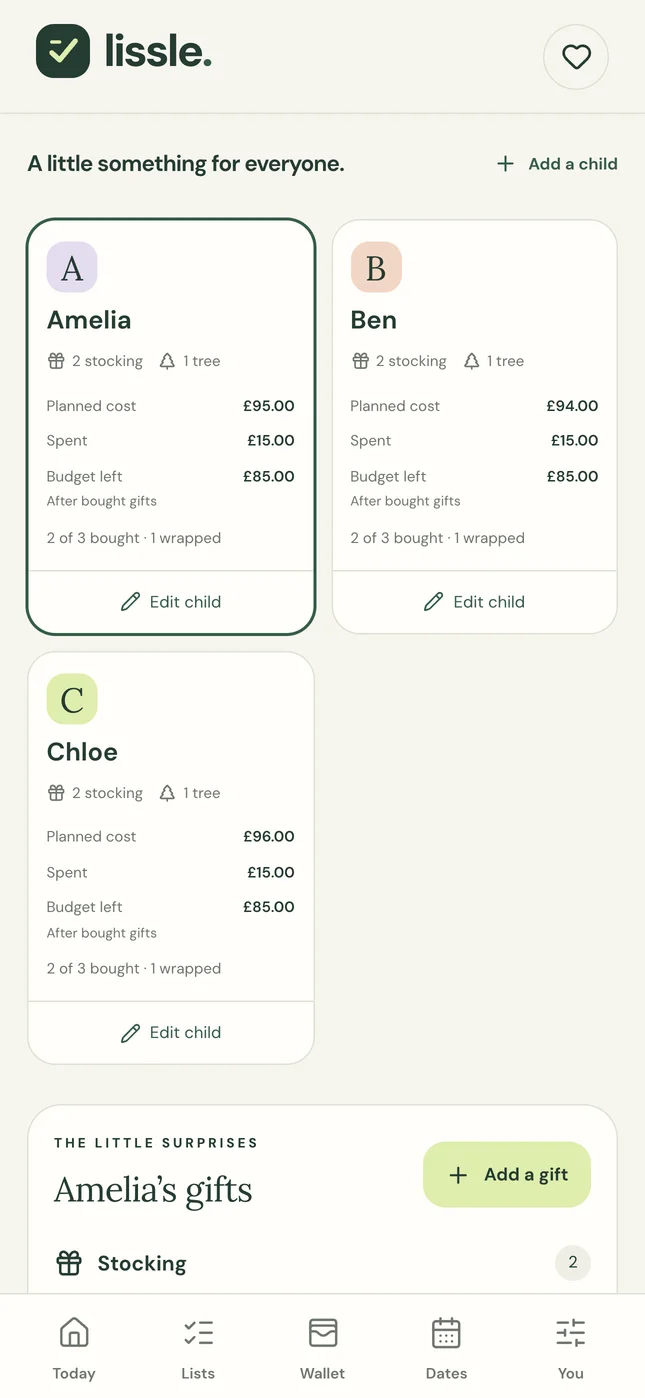 Lissle Christmas planner comparing three children's gift counts, planned costs, spending and budgets