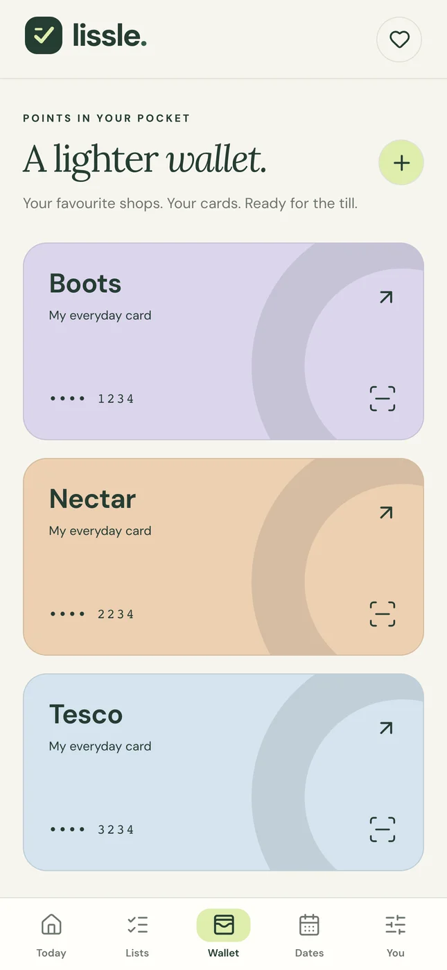 Lissle loyalty wallet showing example Boots, Nectar and Tesco cards