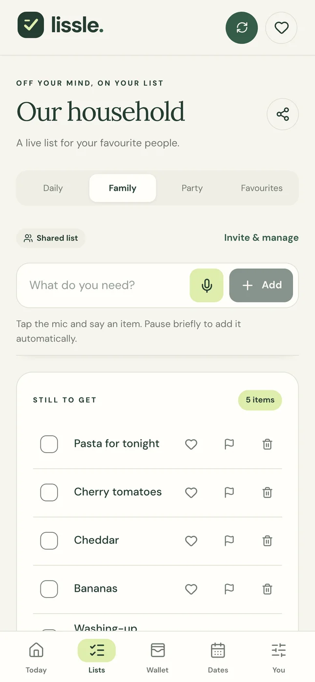 Lissle shared household shopping list with a private sharing control