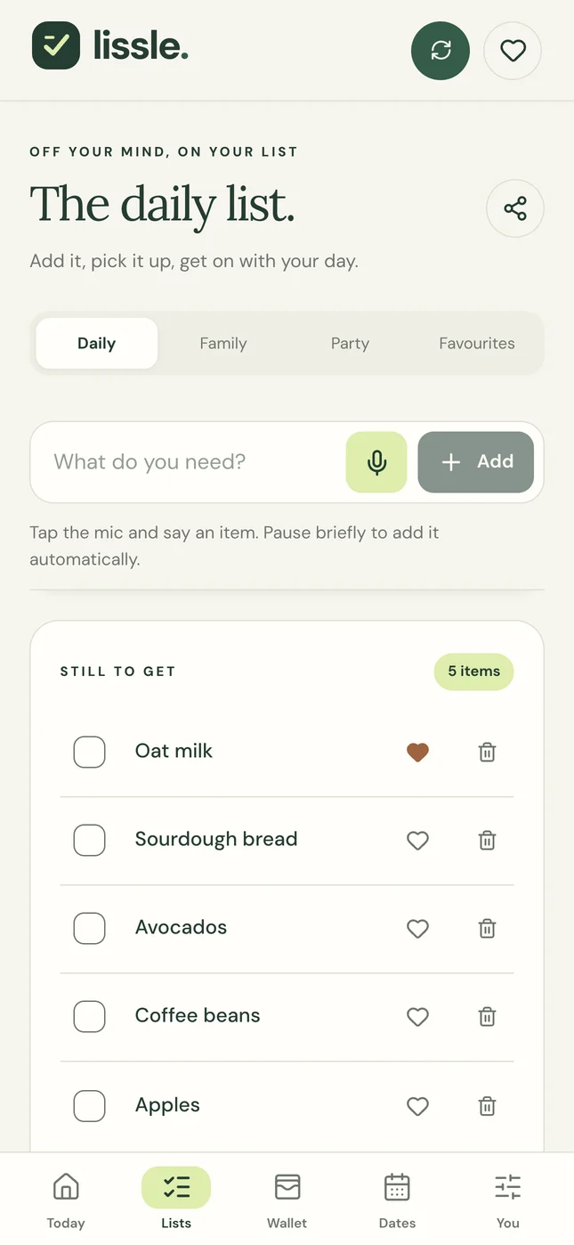 Lissle shopping list with items, a microphone and the refresh button